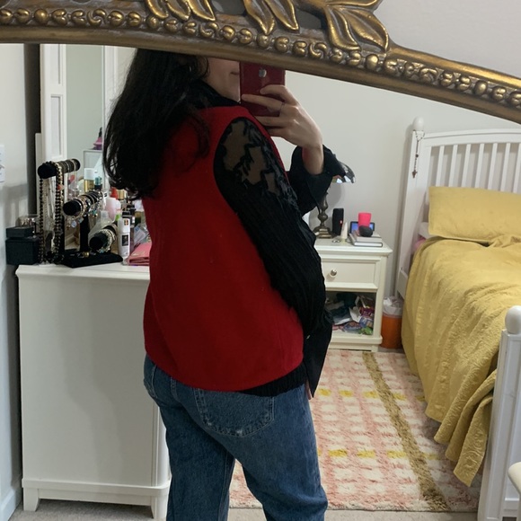 Vintage Tally Ho Vest PM Sleeveless Y2K Wool Red Black Faux Fur Collar Zip Up - Picture 4 of 6